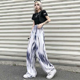 冰丝阔腿裤女朵晗欣扎染压褶裤子夏薄款高腰垂感休闲宽松大码