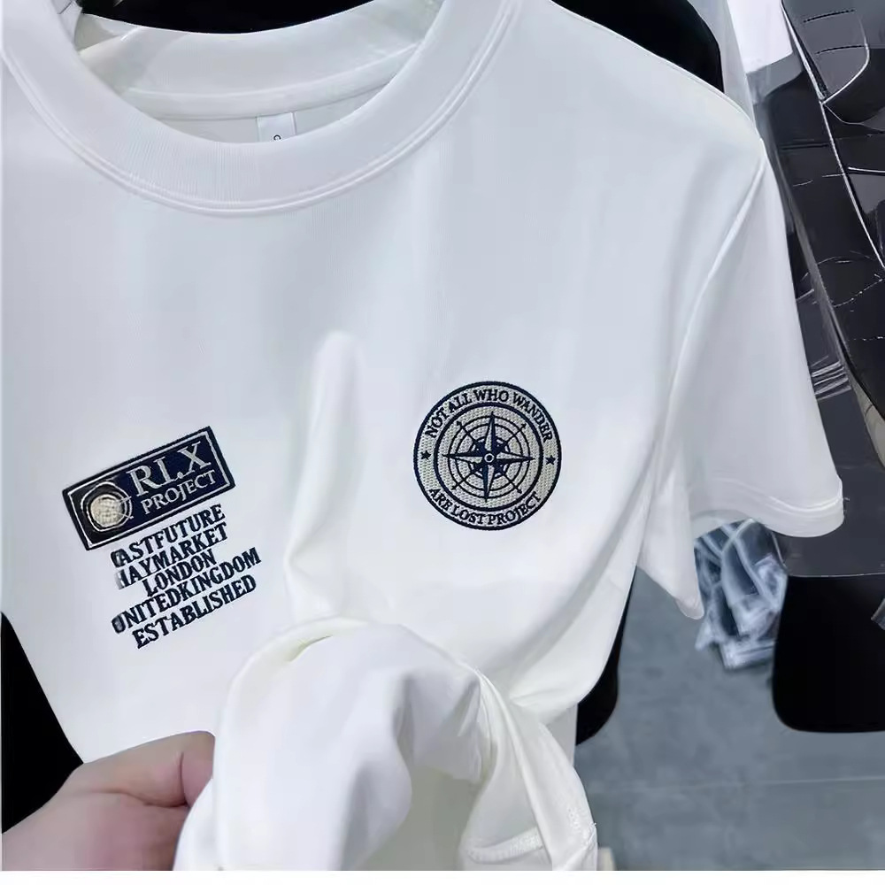T-shirt à manches courtes en cuivre ammoniac avec broderie patch lettre col rond ample chemise de base épaisse d'hiver américaine_voghion.com