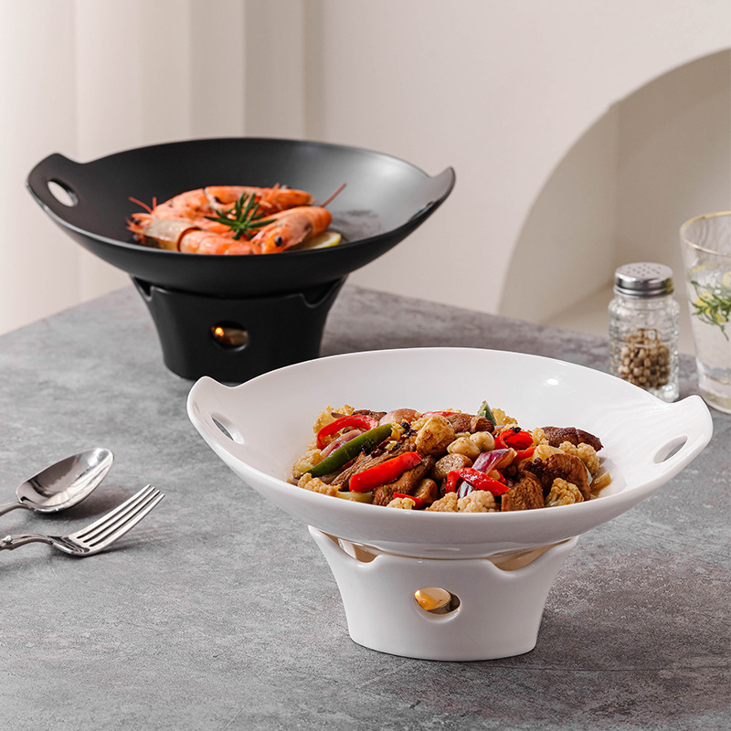 Matte Black Open Stove Tableware Ceramic Double Ear Plate Soup Plate Candle Heating Insulation Stove Private Dish Special Dish Plate