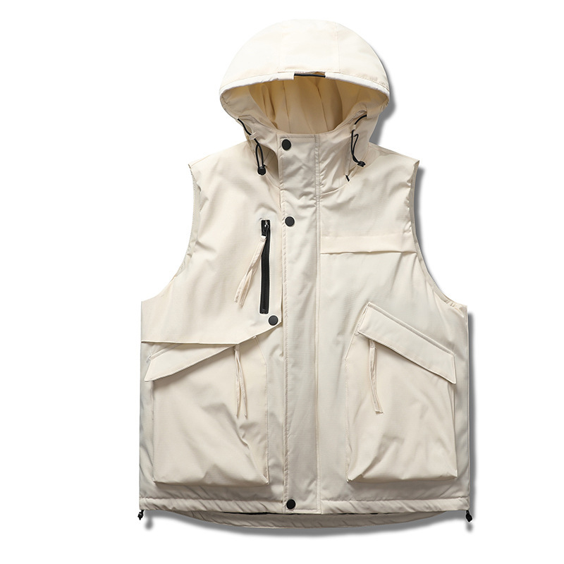 Autumn/Winter Men's Cotton Vest, Couple Style, Hooded, Trendy Workwear Vest, Sleeveless, Large Pocket Jacket