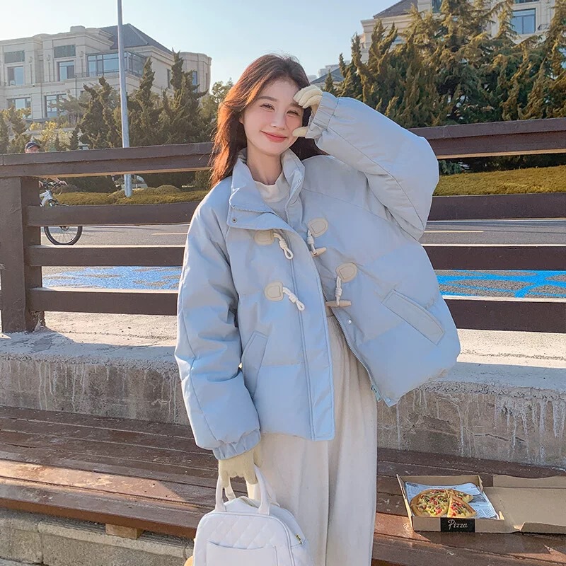 Horn Button Short down Cotton Jacket for Women 2025 Winter Casual Loose Bread Jacket Design Stand Collar Cotton Jacket