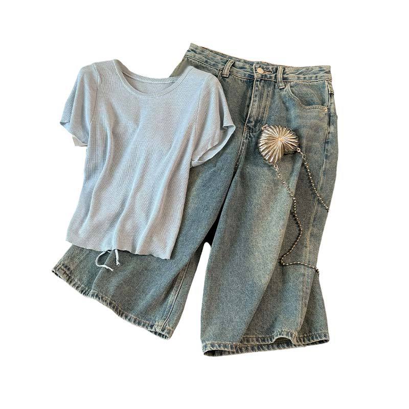 Women's Clothing Women's Summer New Casual Sports Fashion Suit Round Neck Back Tie Hollow Short Sleeve Denim Pants Two Piece Suit_mkmklike.com