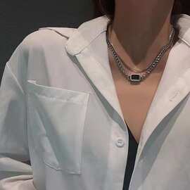 欧美简约双层钛钢金属链短项链女复古几何黑宝石嘻哈潮网红颈链