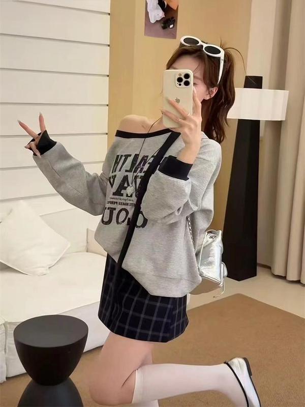 字母印花撞色斜肩飘带长袖卫衣女2025早秋新款洋气宽松时尚上衣潮|undefined