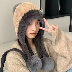 冬季可爱大头围帽子小熊毛球绒女款加绒护耳雷锋针织保暖包头毛线