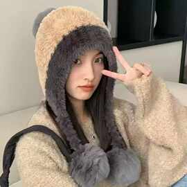 冬季大头围帽子小熊毛球绒女款加绒护耳雷锋针织保暖包头毛线甜妹