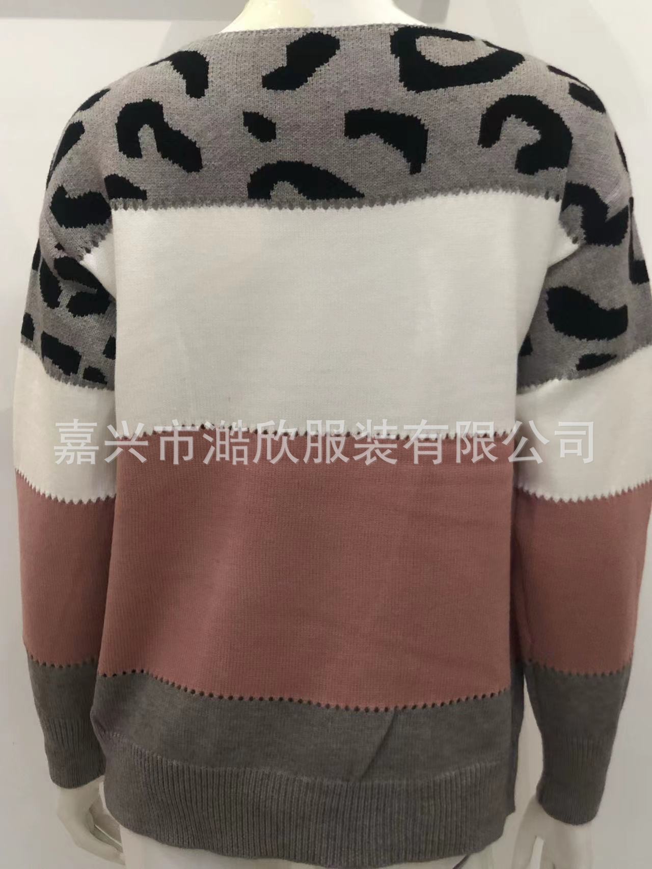 跨境欧美新款针织衫女2022秋冬豹纹套头拼色一字领女式毛衣打底衫 pic 5