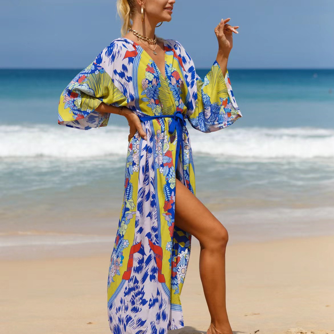 Transfronterizo Amazon nuevo rayón impreso playa kimono playa vacaciones sol protección ropa bikini blusa