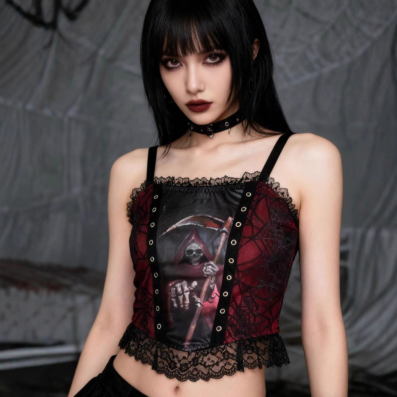 Cross-Border Ready-Made Dark Gothic Death Print Camisole Hot Girl Lace Splicing Tight Short Top