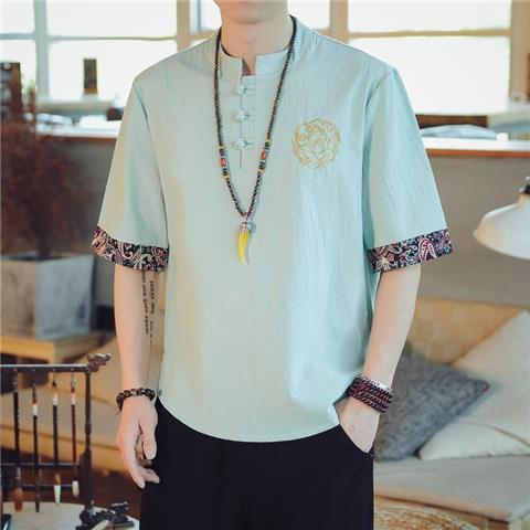 中国風tシャツ男性夏の薄いツル刺繍綿麻半袖tシャツ男ゆるい盤ボタン五分半袖男|undefined