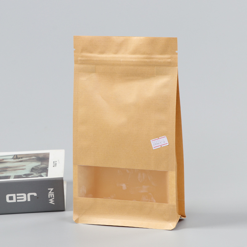Spot bolsa de papel kraft con ventana transparente bolsa de embalaje de alimentos autosellada autoportante bolsa de té sellada de ocho lados fácil de rasgar