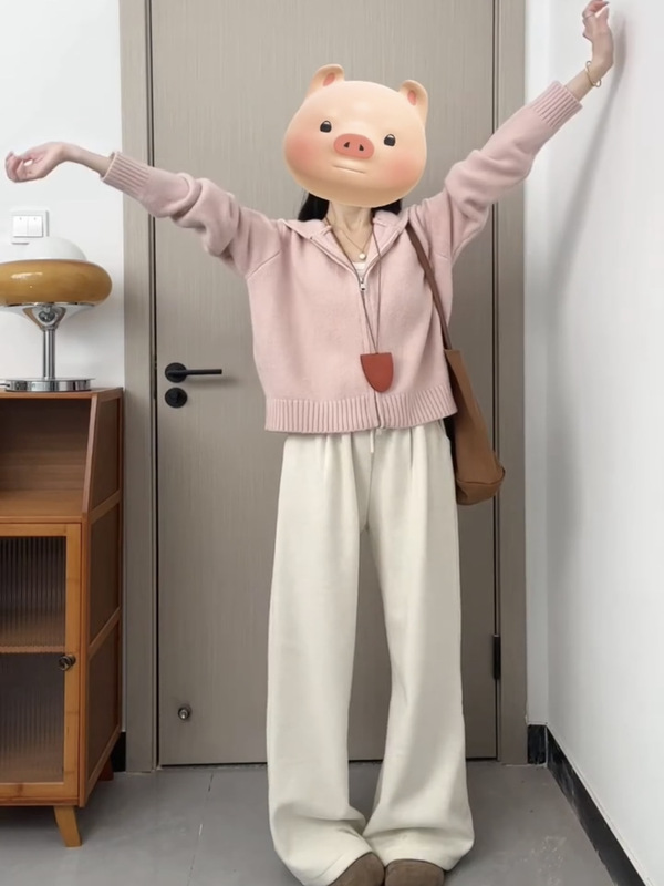 粉色连帽针织衫上衣女秋冬2025秋季拉链慵懒软糯外搭毛衣开衫外套|undefined