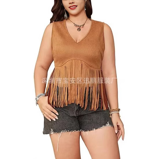 2026 Plus Size Y2K Tassel Vest Faux Suede V-Neck Sleeveless 70S Hippie Denim Crop Top 2026 Plus Size Y2K Tassel Vest Faux Suede V-Neck Sleeveless 70S Hippie Denim Crop Top