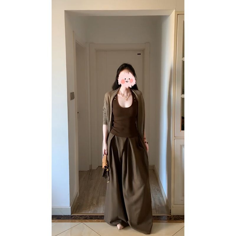 秋季慵懒风无袖吊带背心不规则开衫上衣宽松阔腿休闲裤套装女|undefined