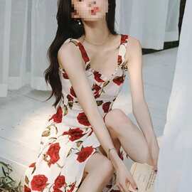 夏装玫瑰碎花吊带连衣裙女新款潮流法式中长裙高级设计感