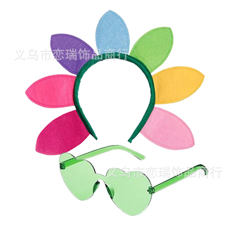 Fiesta de baile Diadema de girasol Color del arco iris Gafas de amor Malla Imagen Falda Pantimedias Combinación Set Spot