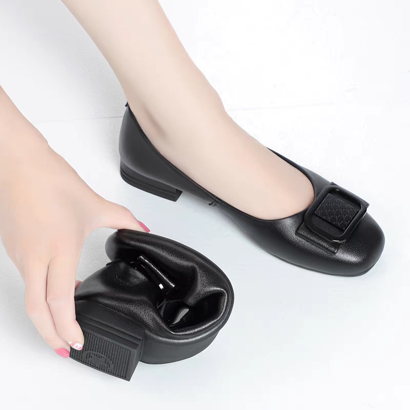 Giày búp bê nữ da thật gót thấp đế mềm thoáng khí miệng nông — màu be