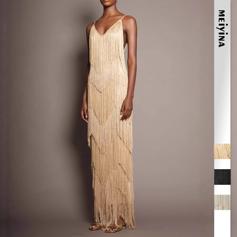 2026 European and American Cross-Border Women's New Fashion Sexy V-Neck Sleeveless Tassel Long Dress for Ballroom Parties and Gatherings 2026 European and American Cross-Border Women's New Fashion Sexy V-Neck Sleeveless Tassel Long Dress for Ballroom Parties and Gatherings