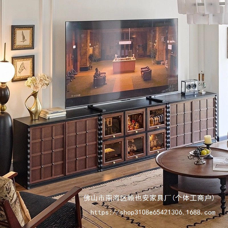 Gya French-Style Retro Solid Wood Tv Cabinet Module Combination Cabinet with Vintage Skeleton Lines, Living Room Floor Cabinet with a Sense of a Chest of Drawers