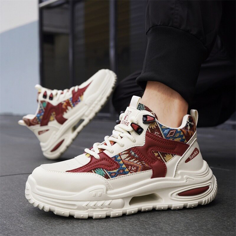 Giày thể thao nam cổ trung, giày sneaker năng động đế dày tăng chiều cao, dây buộc, phối màu — Việt Nam, màu, đen