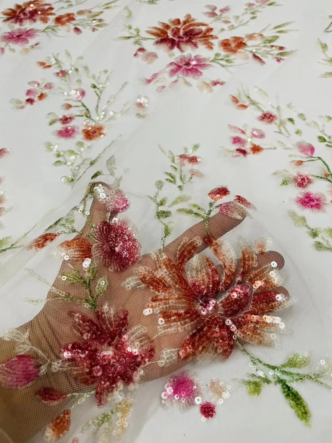 Nueva Impresión de cuentas de tela bordada bordado flor tridimensional tela de encaje ropa de mujer vestido cheongsam paño JX3614