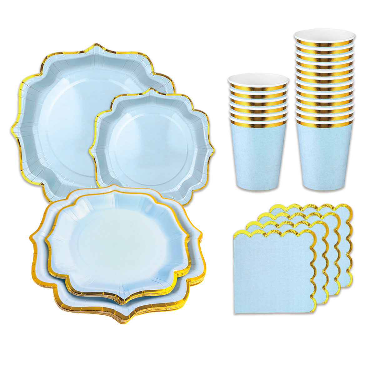 Elegant Blue & Gold Disposable Party Tableware Set - 7-inch Plates, 8.6-inch Plates, 9oz Cups, 6.3-inch Napkins - Eco-Friendly & Stylish For Events"_voghion.com