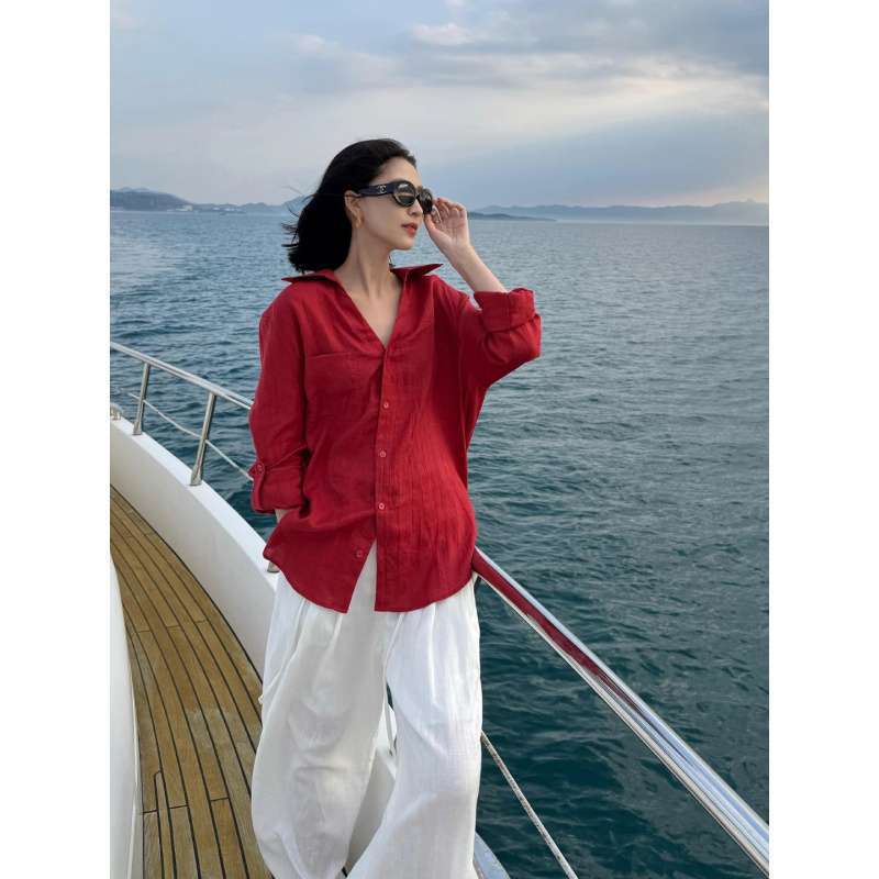 Red Resort-Style Linen Shirt for Women, New Spring and Summer Style, Lazy and Relaxed Casual Design, Niche Sun Protection Shirt