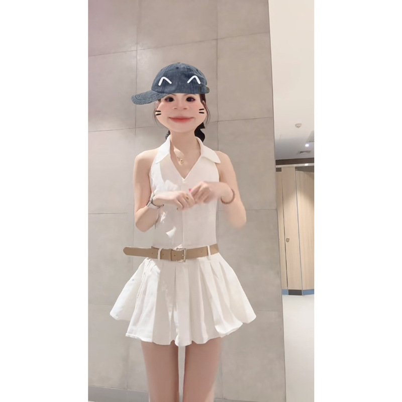 温柔风v领挂脖露背连衣裙女夏季收腰显瘦翻领百褶a字短裙|undefined