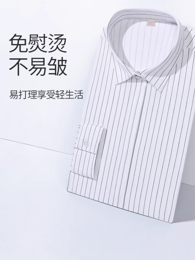 Procesamiento personalizado blanco y negro contraste camisa a rayas verticales de manga larga OL de viaje estricto impresión camisa negra de mujer image 6