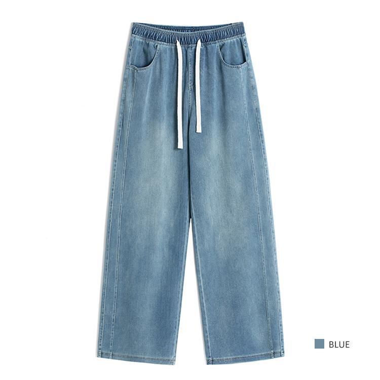 Double Side Line, Simple and Casual, 500g, Soft Lace-Up Wide Leg Jeans Spring Elastic Dipped Pants