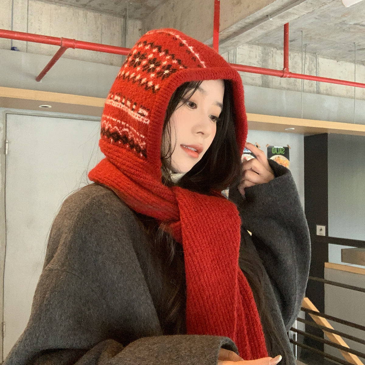Customized Korean-Style Balaclava Hat for Women, Winter Warm Ear-Protecting Knitted Hat with Integrated Scarf and Wool Blend