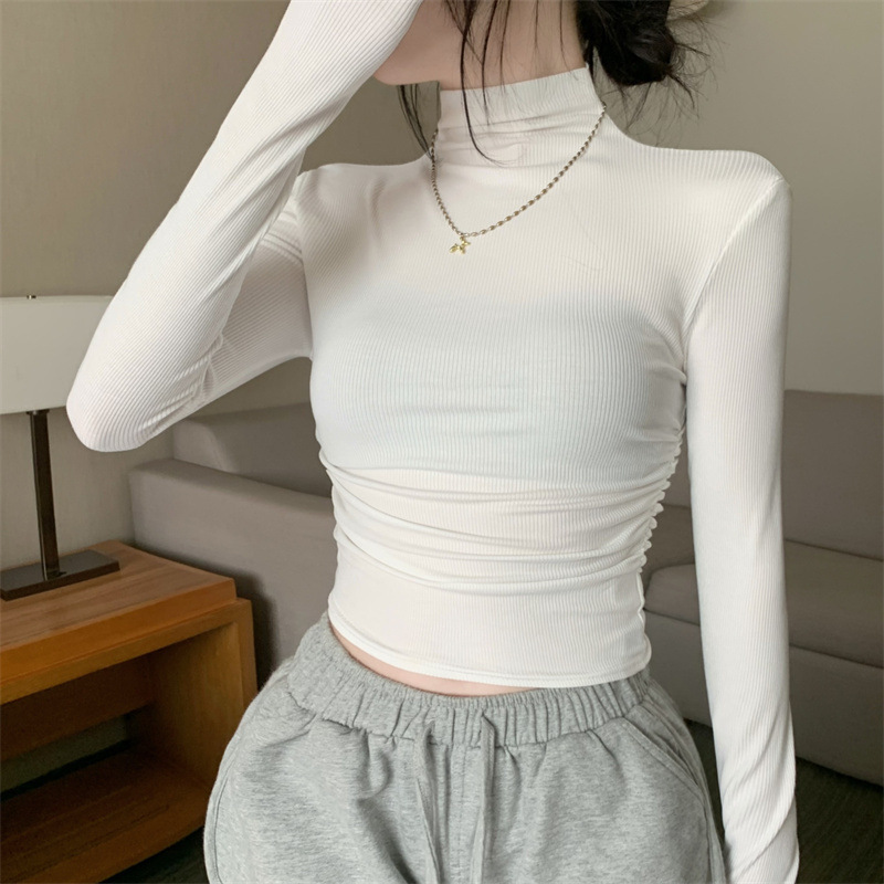 Gray Long-Sleeved T-Shirt for Women in Spring & Fall 2025 New Slim Pleated Sexy Half Turtleneck Bottoming Shirt Trbottomy Top Gray Long-Sleeved T-Shirt for Women in Spring & Fall 2025 New Slim Pleated Sexy Half Turtleneck Bottoming Shirt Trbottomy Top