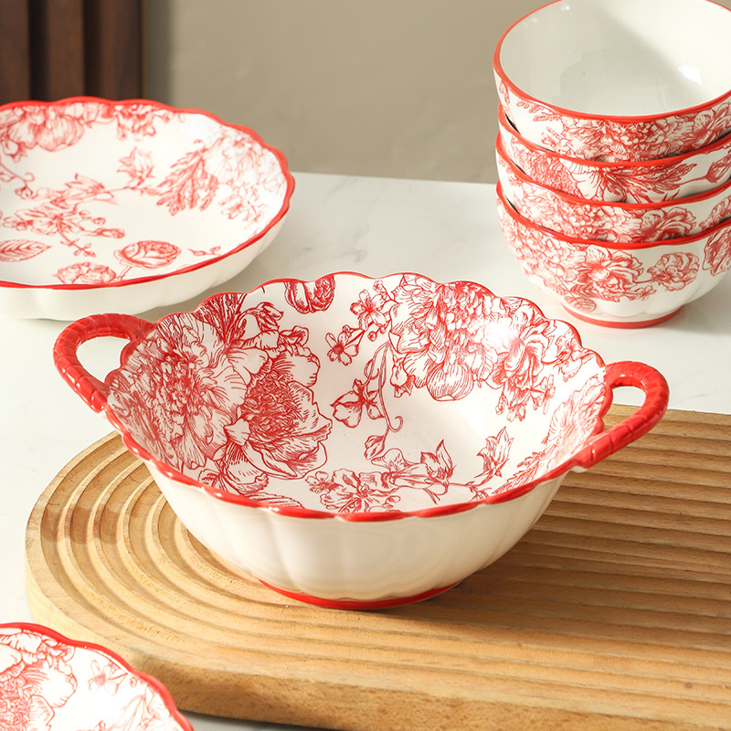 Conjunto de platos Rosas rojas caseras de estilo chino de boda regalo de boda de cerámica conjunto de caja de boda