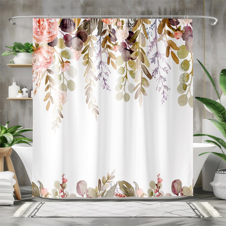 Cross Border Shower Curtain Vintage Sage Green Leaf Shower Curtain Top Vine Plant Decoration Shower Curtain suit Punch Free Hanging Curtain