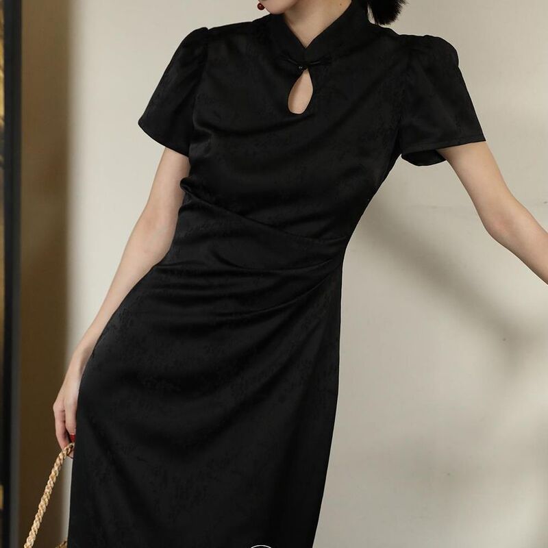 Summer New Women's Jacquard Cheongsam Dress Long Slit Retro Chinese Style Pleated Long Dress