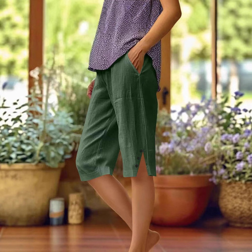 2025 New Women's Casual Loose Pocket Cotton Linen Elastic Pants Five-Finger Shorts for Amazon Cross-Border Sales