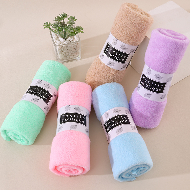 High density coral fleece towel factory spot production wholesale absorbent lint-free paper card waist seal packaging gift towel
