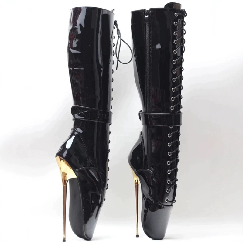 Metal Heel 22cm Knee-length Middle Barrel Ballet Boots Super High Heels Side Zipper Lock Nightclub Sex Men and Women
