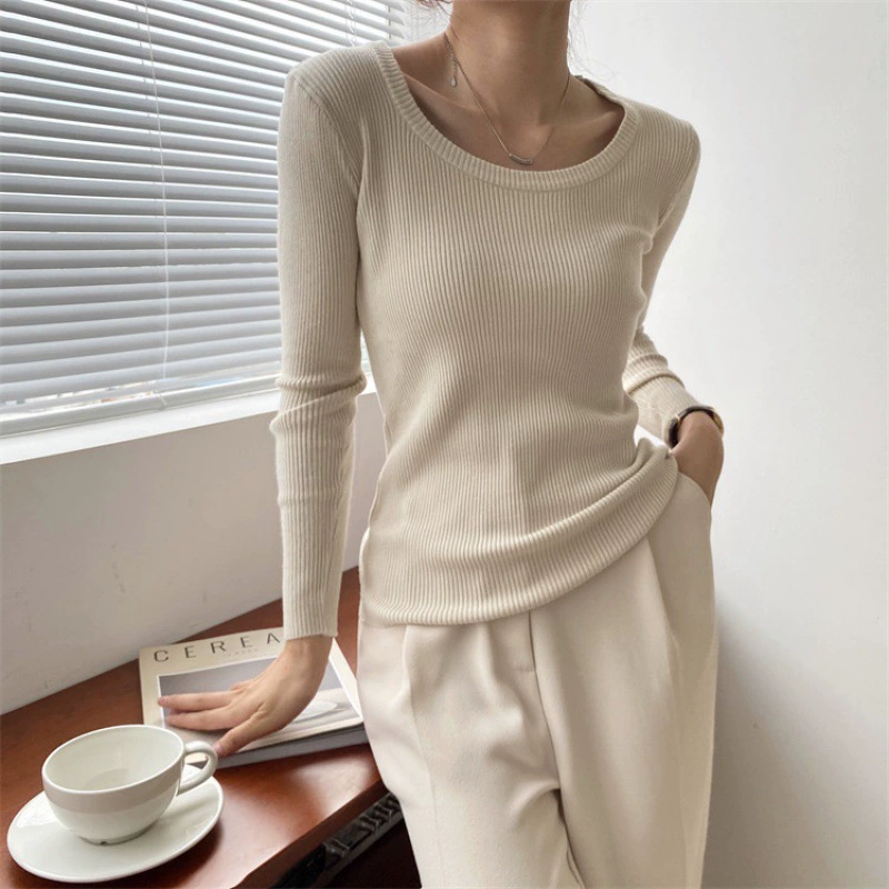 Осенний новый мягкий клейкий свитер с круглым вырезом, облегающий Однотонный свитер с низким воротником и длинными рукавами, короткий облегающий свитер