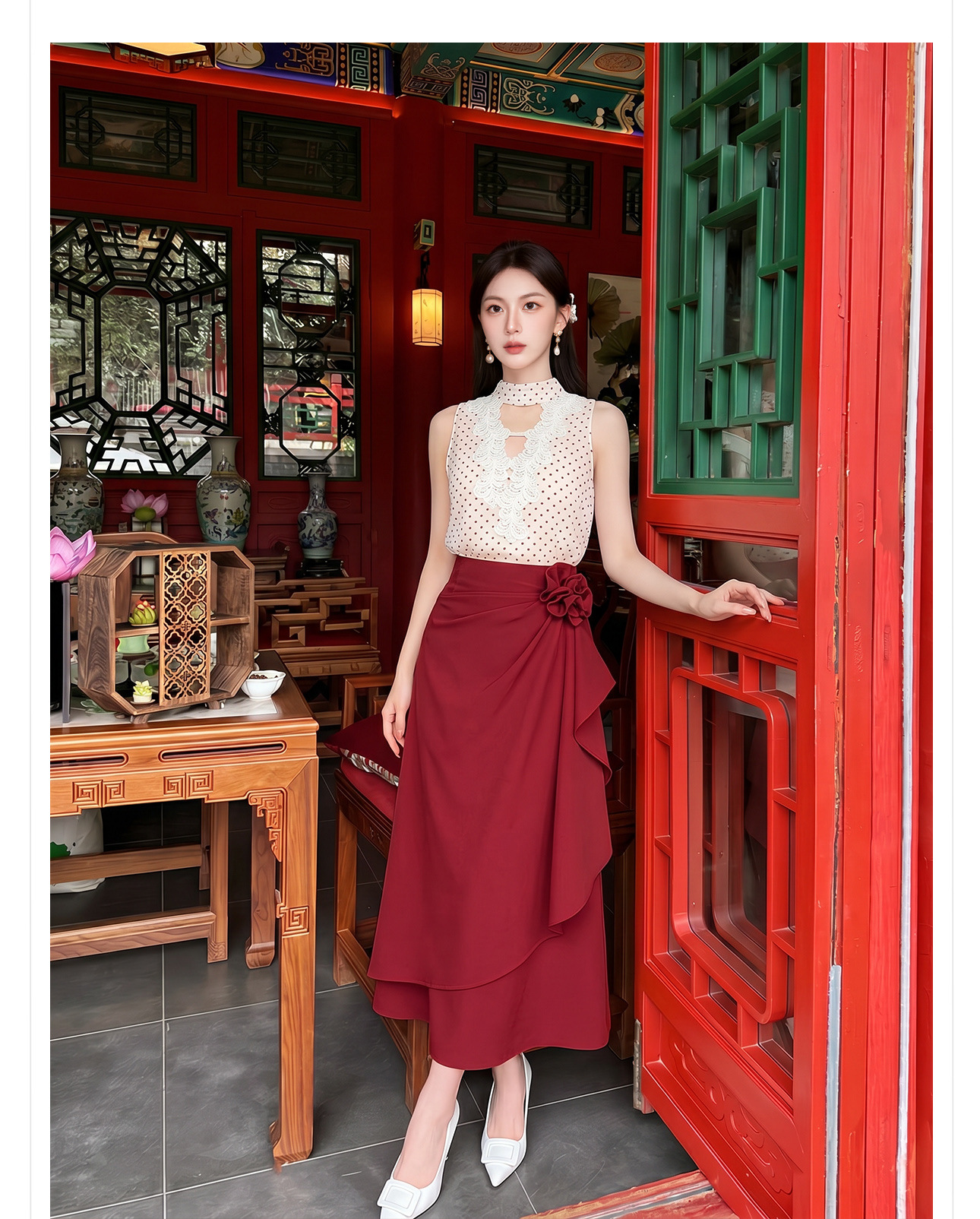 Bộ áo vest và chân váy ngắn họa tiết chấm bi phong cách tân cổ điển mùa hè — Trang phục [Vest+Half Dress], nửa váy, Trang phục [Áo vest+quần short], quần đùi chi tiết 11