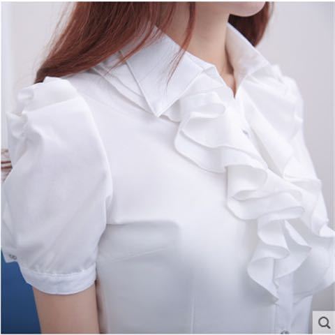Summer New Korean Style White Short-sleeved Shirt with Lotus Leaf Lace Women's Professional Wear Slim-fit OL plus size Short-sleeved Shirt