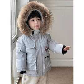 男童外套冬天加绒加厚大毛领连帽衫洋气儿童派克服宝宝保暖棉服潮