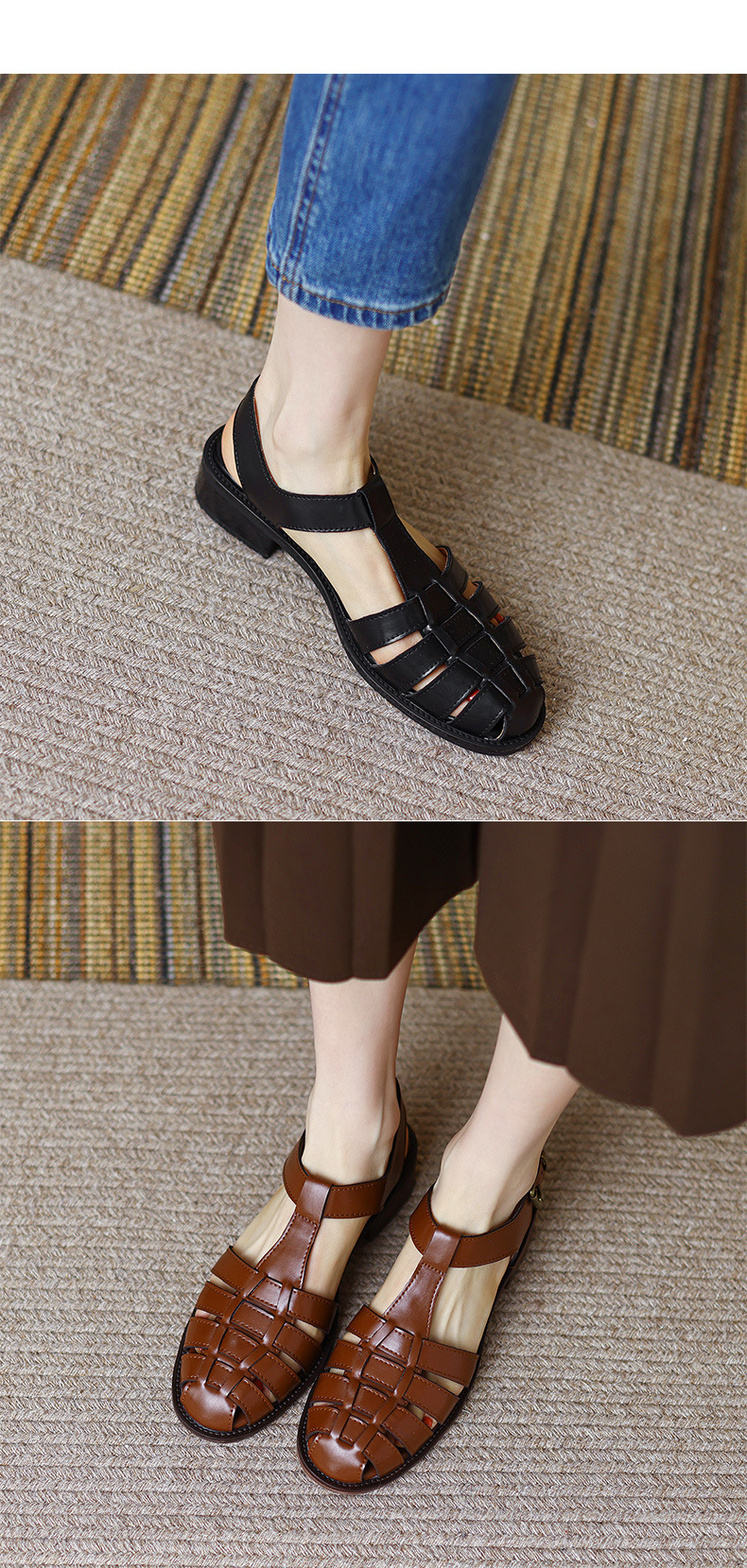 Dép sandal nữ quai chữ T dệt đế mềm phong cách retro — nâu chi tiết 6