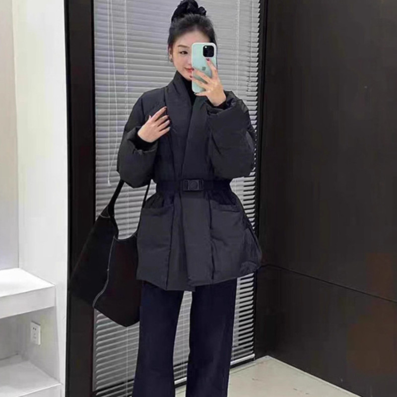 冬季新款中长款羽绒服女V领收腰系带显瘦宽松个性白鸭绒保暖外套|undefined