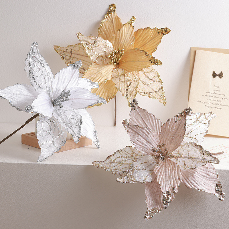 Buscando madera nuevo producto transfronterizo árbol de Navidad decoración flor champán dorado rojo 25cm simulación blanca cuentas de alta calidad flor de Navidad