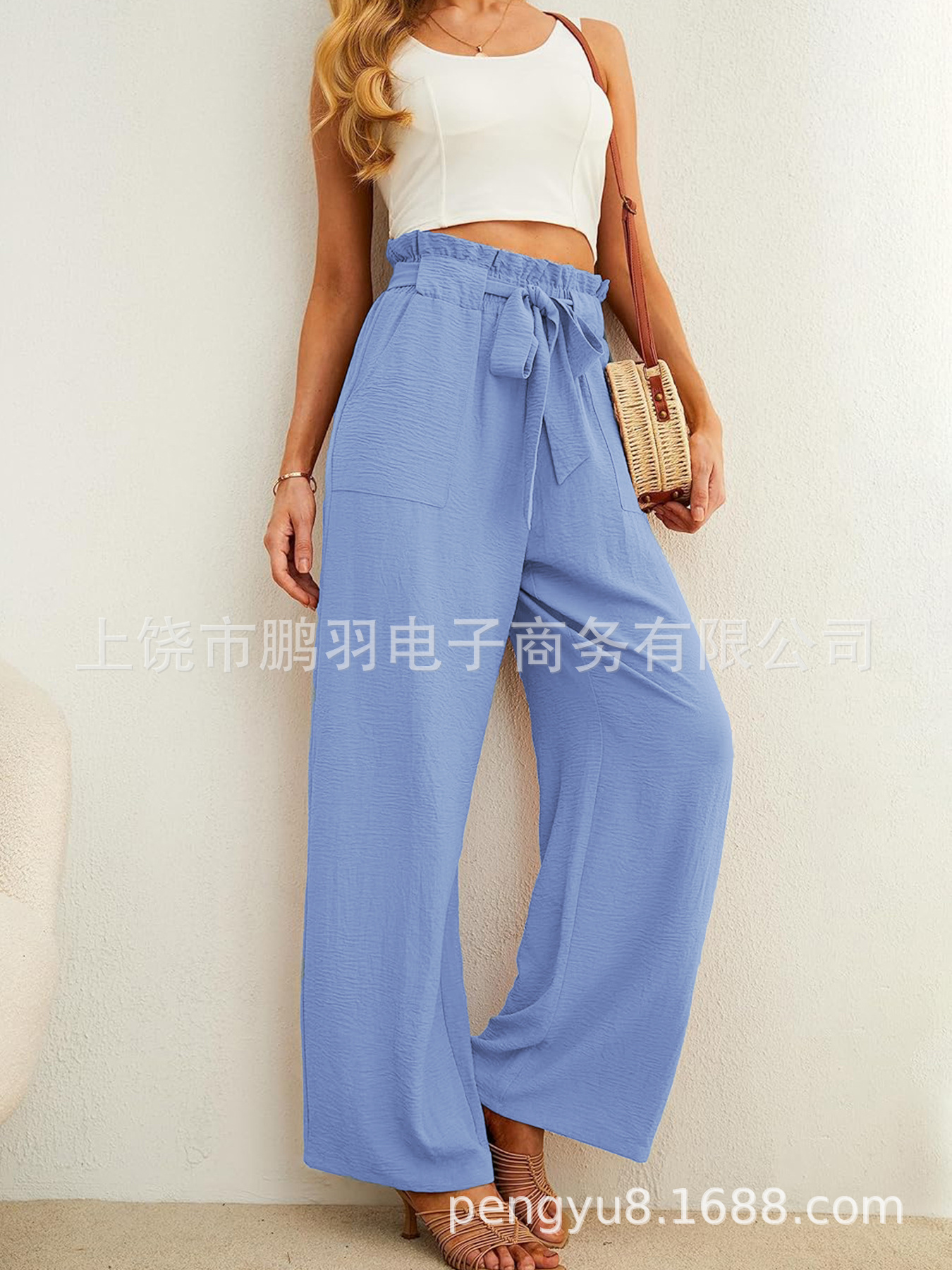 2025 ropa de mujer de cintura alta brotes de flores correa de cintura pantalones de piernas anchas pantalones casuales multicolores delgados comercio exterior al por mayor pantalones de flores image 3