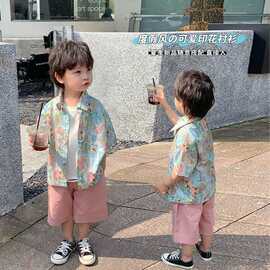 花衬衫男童夏季薄款港风海边休闲短袖度假复古衬衣潮流