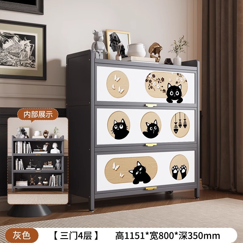 钢制书柜黑猫印花收纳柜客厅防尘储物柜大容量展示柜卧室儿童书架|undefined