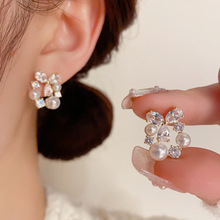 韩式精致时尚超闪三叶花珍珠圆圈耳钉s925银针气质甜美百搭耳环