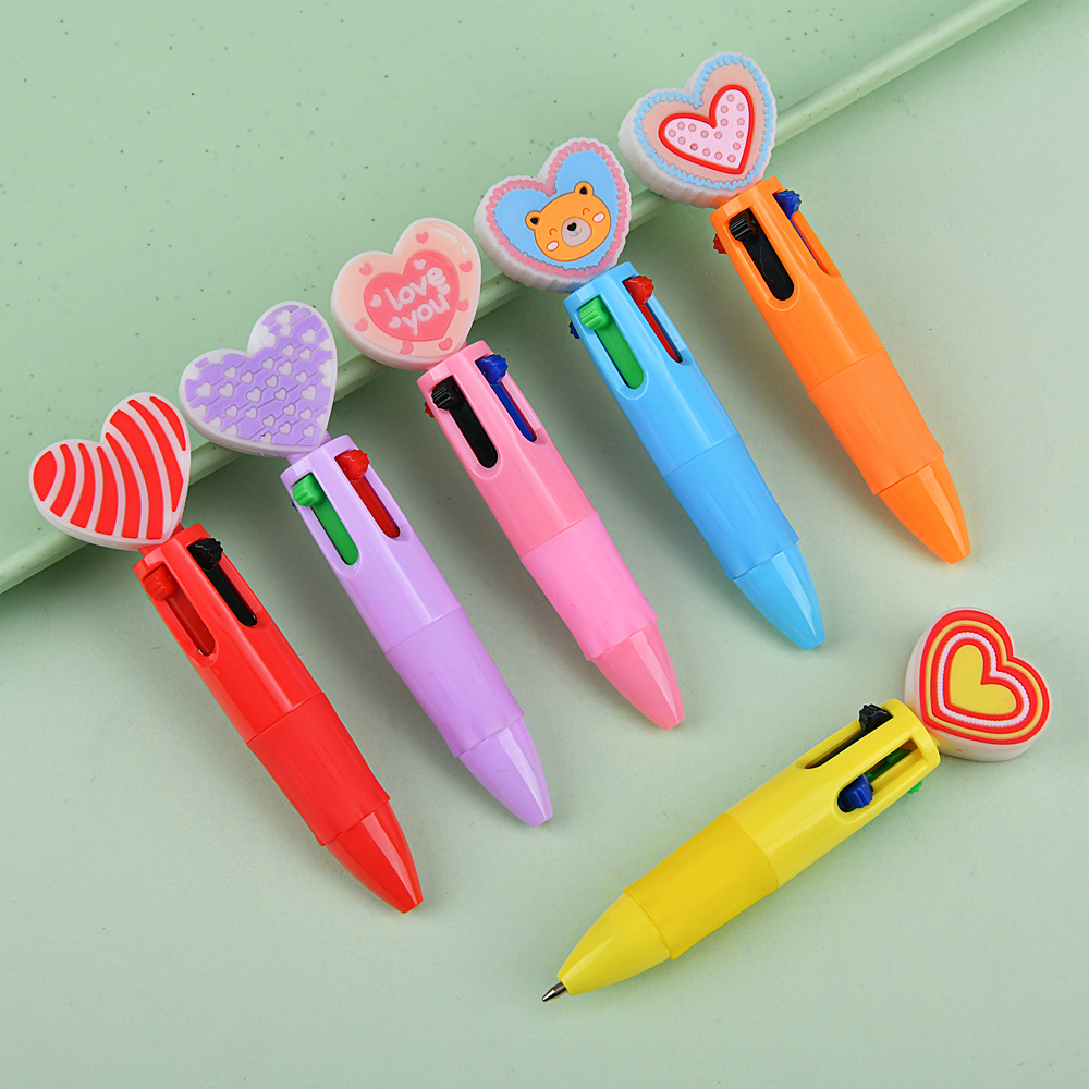 Cross-border encantador dibujos animados bolígrafo de cuatro colores creativo regalo de San Valentín bolígrafo multicolor en forma de corazón bolígrafo de amor al por mayor